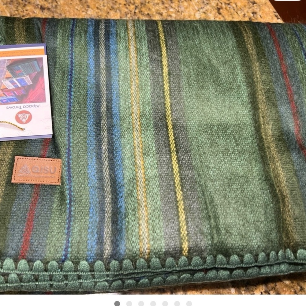 QISU Alpaca wool Green Striped throw  Blanket